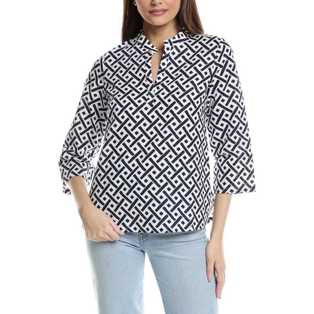 Duffield Lane Hazel Linen Blend L Tunic Geometric Navy White Coastal Classic